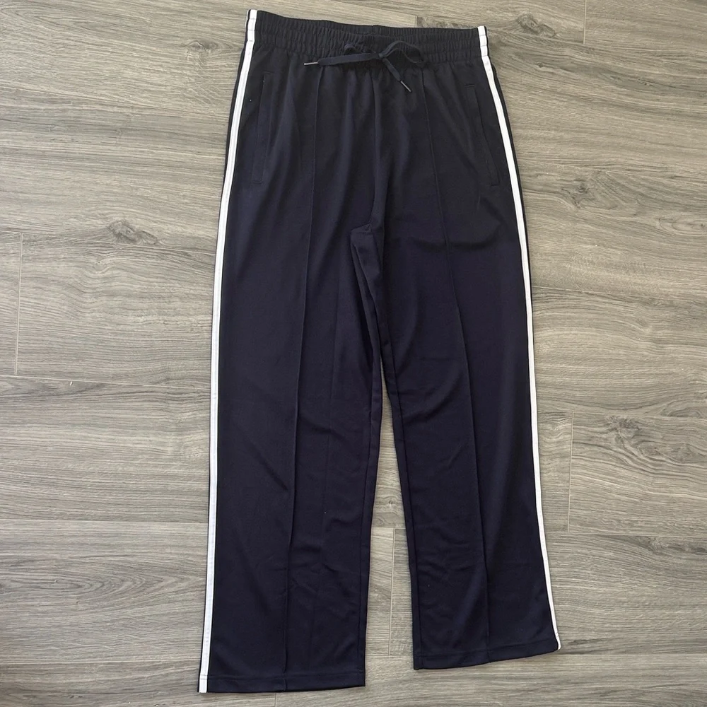 NAVY BLUE Wide-Leg Track Pants with White Side Stripes - Picture 2 of 5
